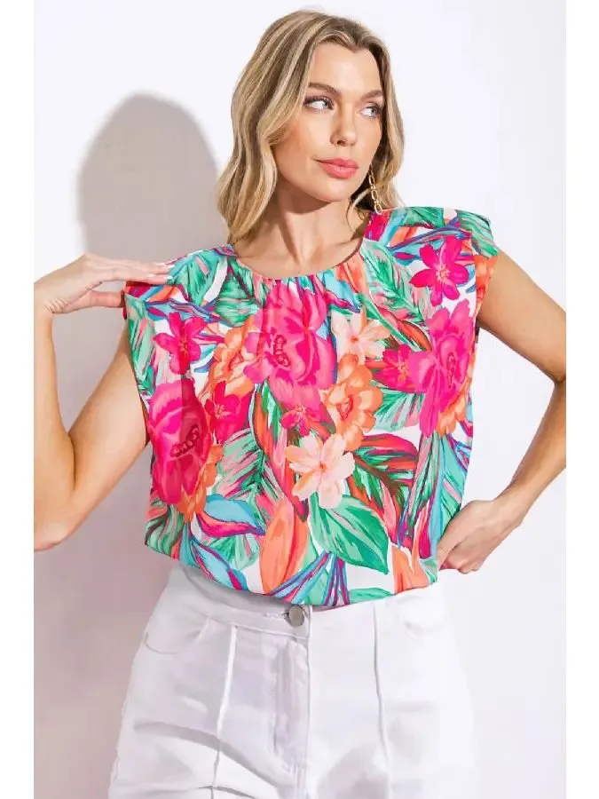 Floral Printed Vibrant Muscle Sleeve Top