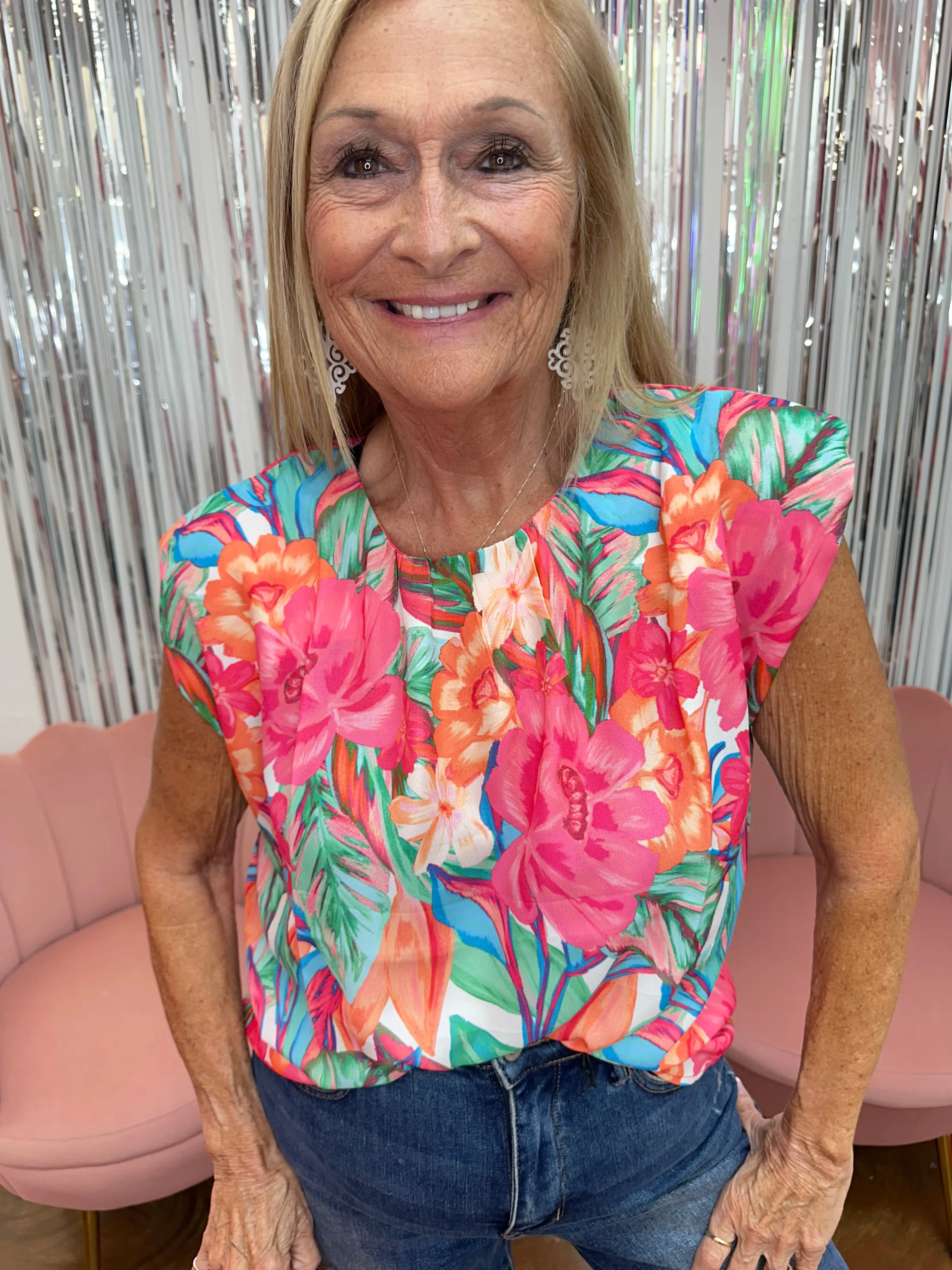 Floral Printed Vibrant Muscle Sleeve Top