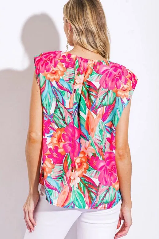 Floral Printed Vibrant Muscle Sleeve Top