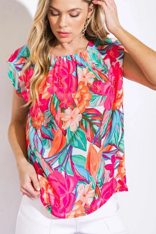 Floral Printed Vibrant Muscle Sleeve Top