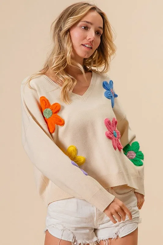 GARDEN- Oatmeal lightweight sweater featuring vibrant crochet flower patch