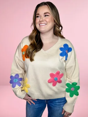 GARDEN- Oatmeal lightweight sweater featuring vibrant crochet flower patch