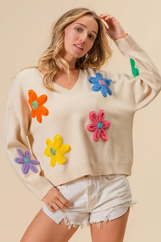 GARDEN- Oatmeal lightweight sweater featuring vibrant crochet flower patch