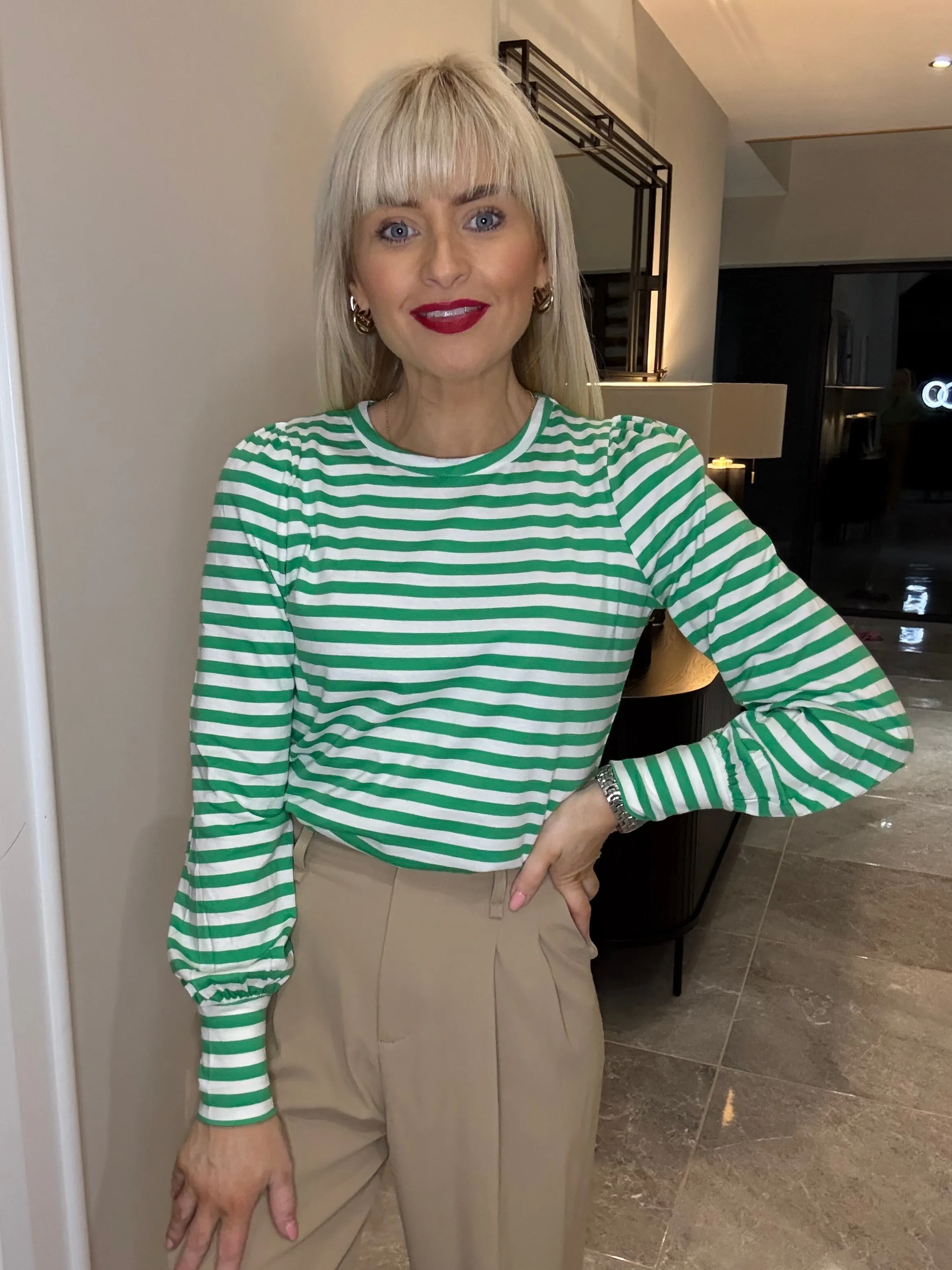 Griselda Jersey Top - Green/Off-White Stripe
