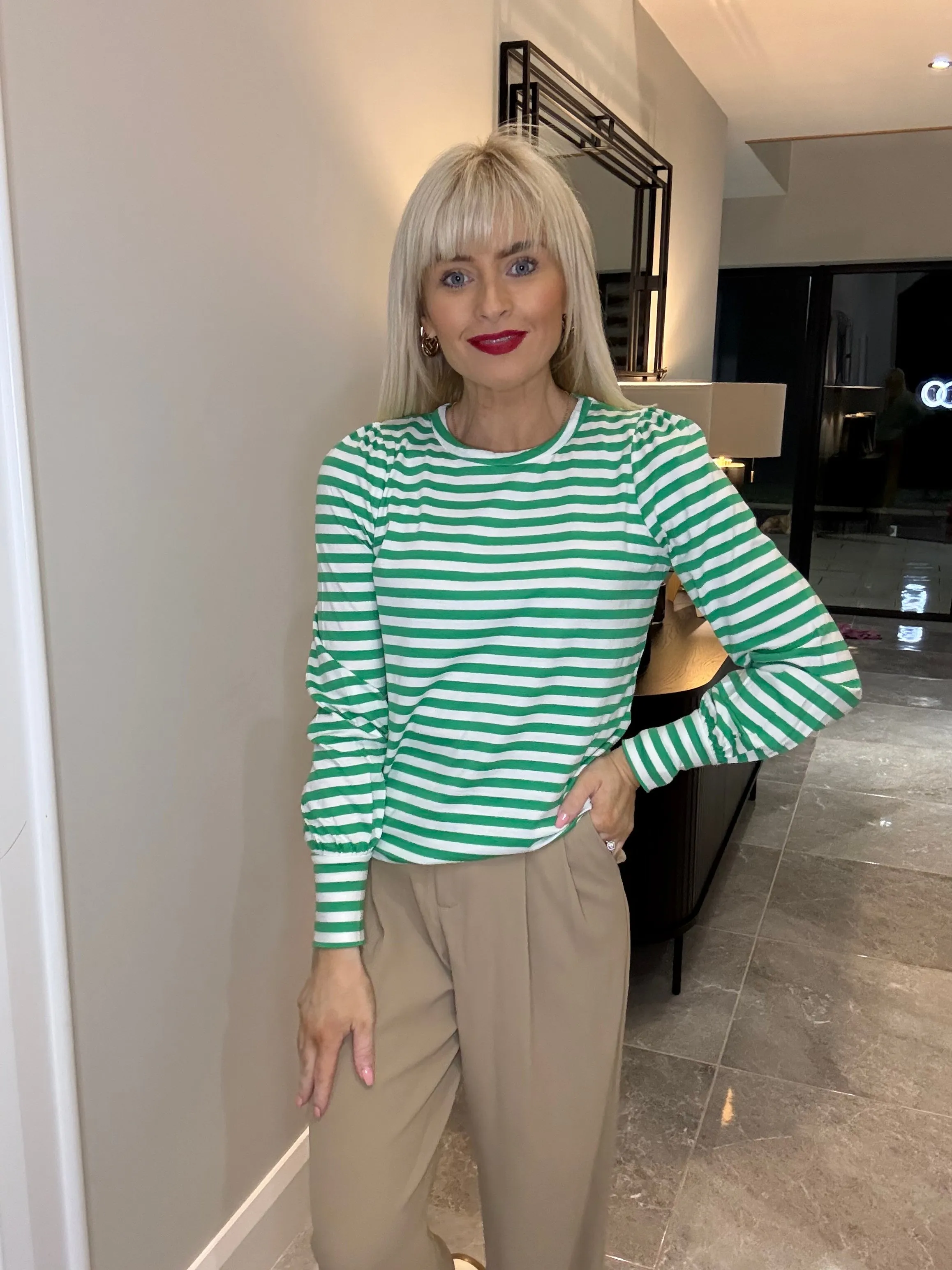 Griselda Jersey Top - Green/Off-White Stripe