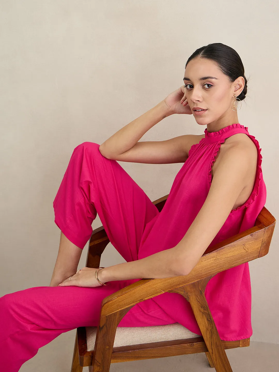 Hot Pink Cotton Halter Neck Top