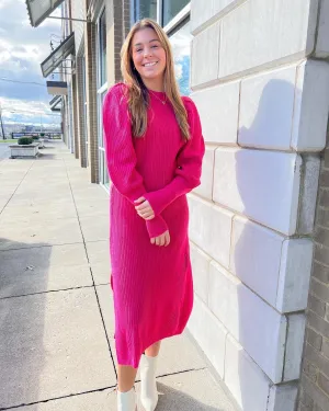 Hot Pink Puff Slv Knit Sweater Dress