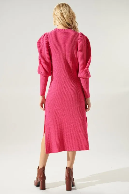 Hot Pink Puff Slv Knit Sweater Dress
