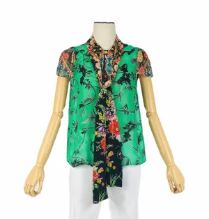 Jeanni Pussy Bow-Collar Cap Sleep Button Front Blouse | Size XS