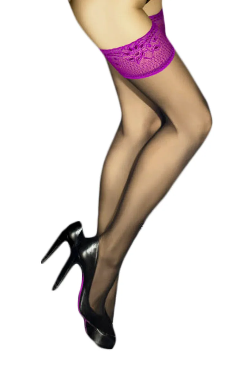 Ladies Super Sexy Plain Black Stunning Magenta Lace Top Hold Ups