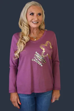 Look Mode Star And Leopard Print Stripe Tee In Burgundy