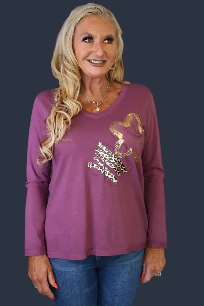 Look Mode Star And Leopard Print Stripe Tee In Burgundy