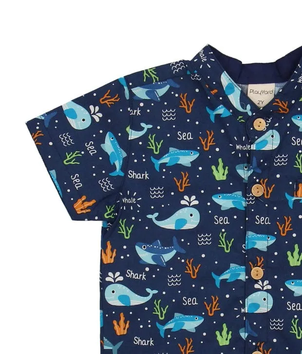 Mandarin Collar Shirt - Shark & Whale At Sea (Navy)