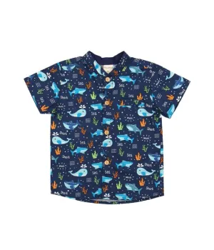 Mandarin Collar Shirt - Shark & Whale At Sea (Navy)