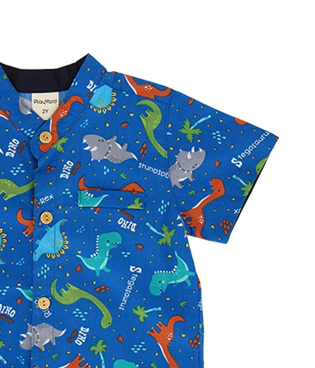Mandarin Collar Shirt - Stegosaurus Dino (Blue)