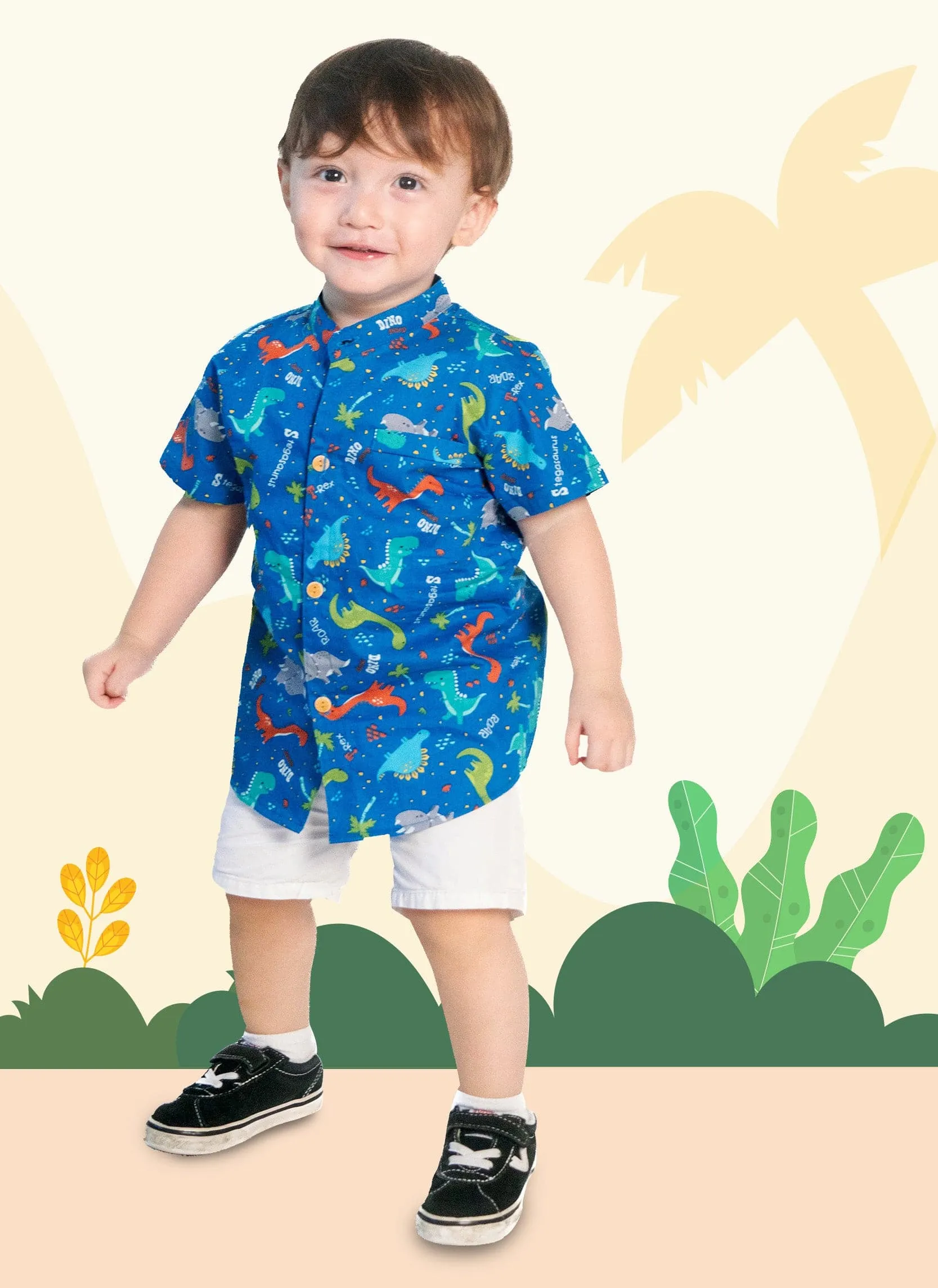 Mandarin Collar Shirt - Stegosaurus Dino (Blue)