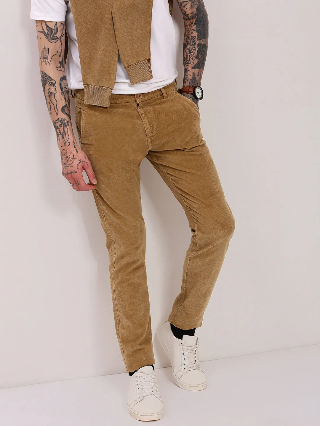 Men Beige Solid Slim Fit Trousers