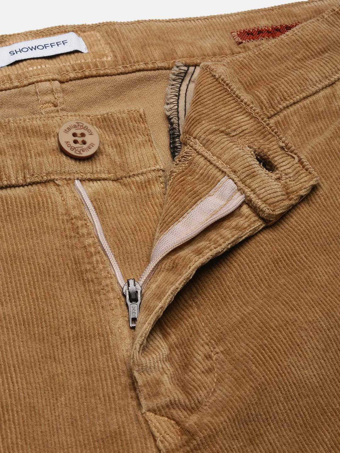 Men Beige Solid Slim Fit Trousers