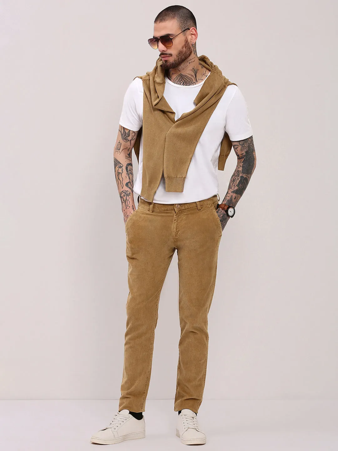 Men Beige Solid Slim Fit Trousers