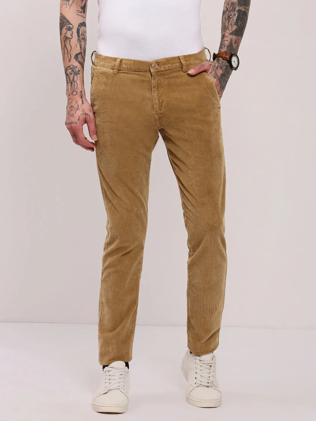Men Beige Solid Slim Fit Trousers