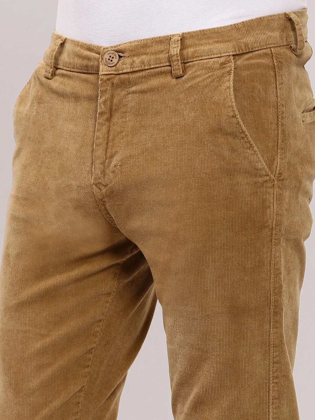 Men Beige Solid Slim Fit Trousers