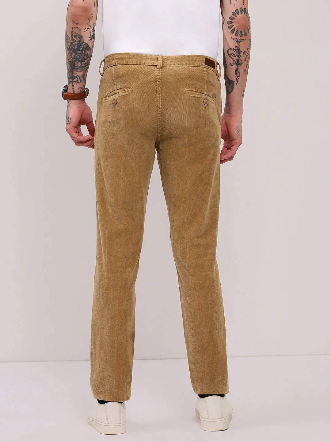 Men Beige Solid Slim Fit Trousers