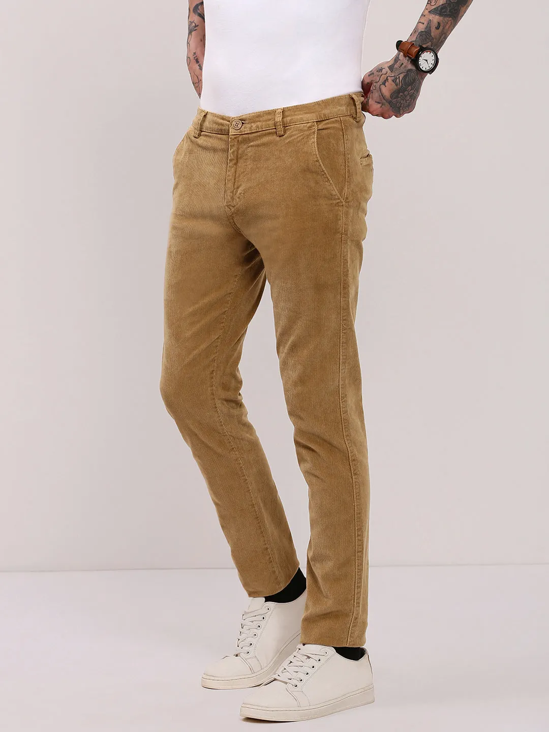 Men Beige Solid Slim Fit Trousers