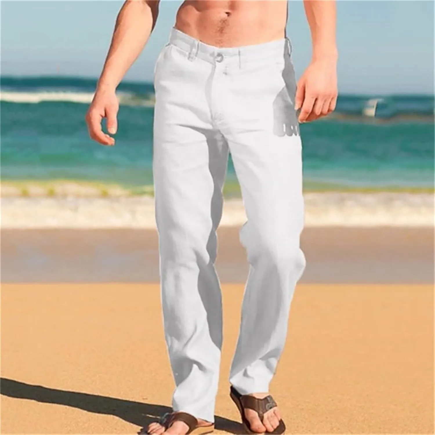 Mens Linen Pants Casual Classic Flat Front Chino Pants Casual Lightweight Straight Leg Summer Beach Trousers