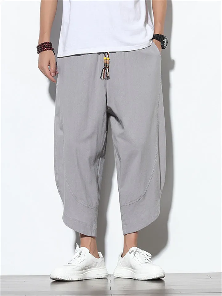 Men's Stylish Cozy Casual Plain & Striped Cotton Linen Cropped Pants