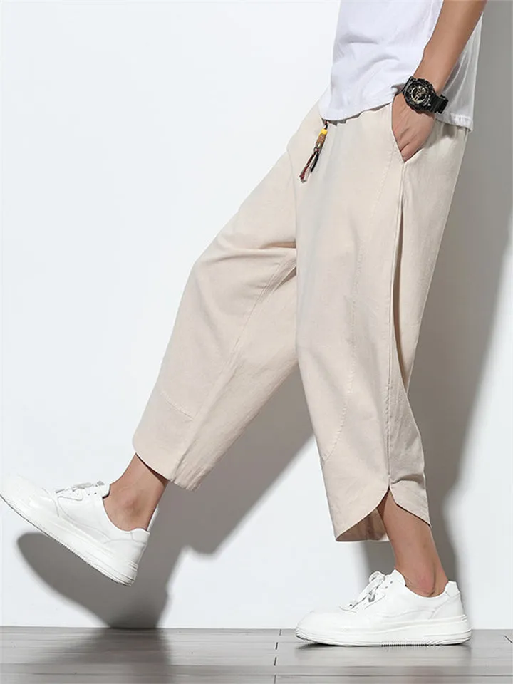 Men's Stylish Cozy Casual Plain & Striped Cotton Linen Cropped Pants
