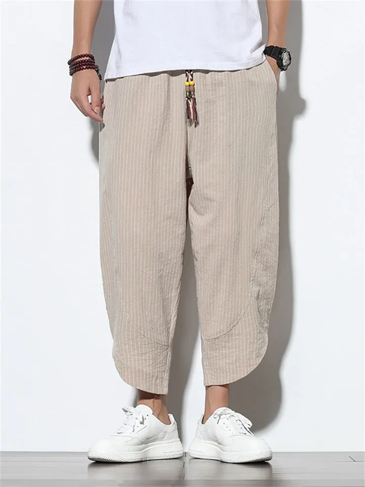Men's Stylish Cozy Casual Plain & Striped Cotton Linen Cropped Pants