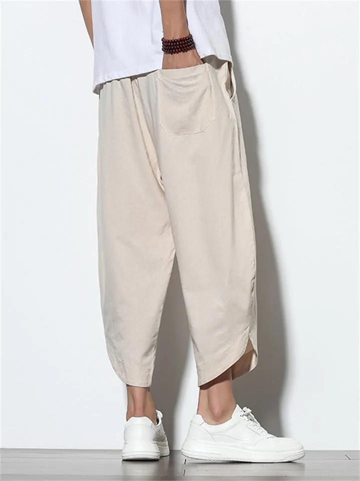 Men's Stylish Cozy Casual Plain & Striped Cotton Linen Cropped Pants