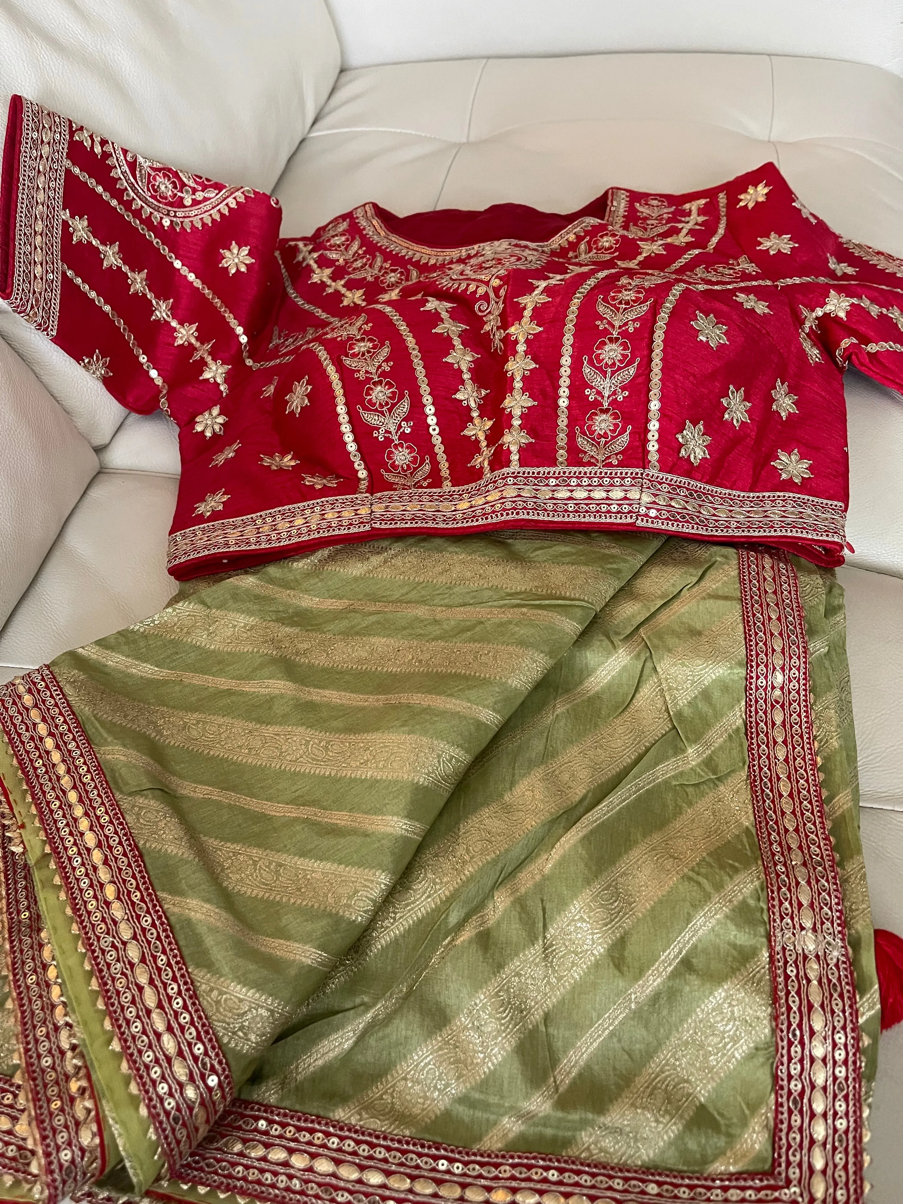 Mint Green Pistachio Muga Silk Saree with Red Readymade Blouse