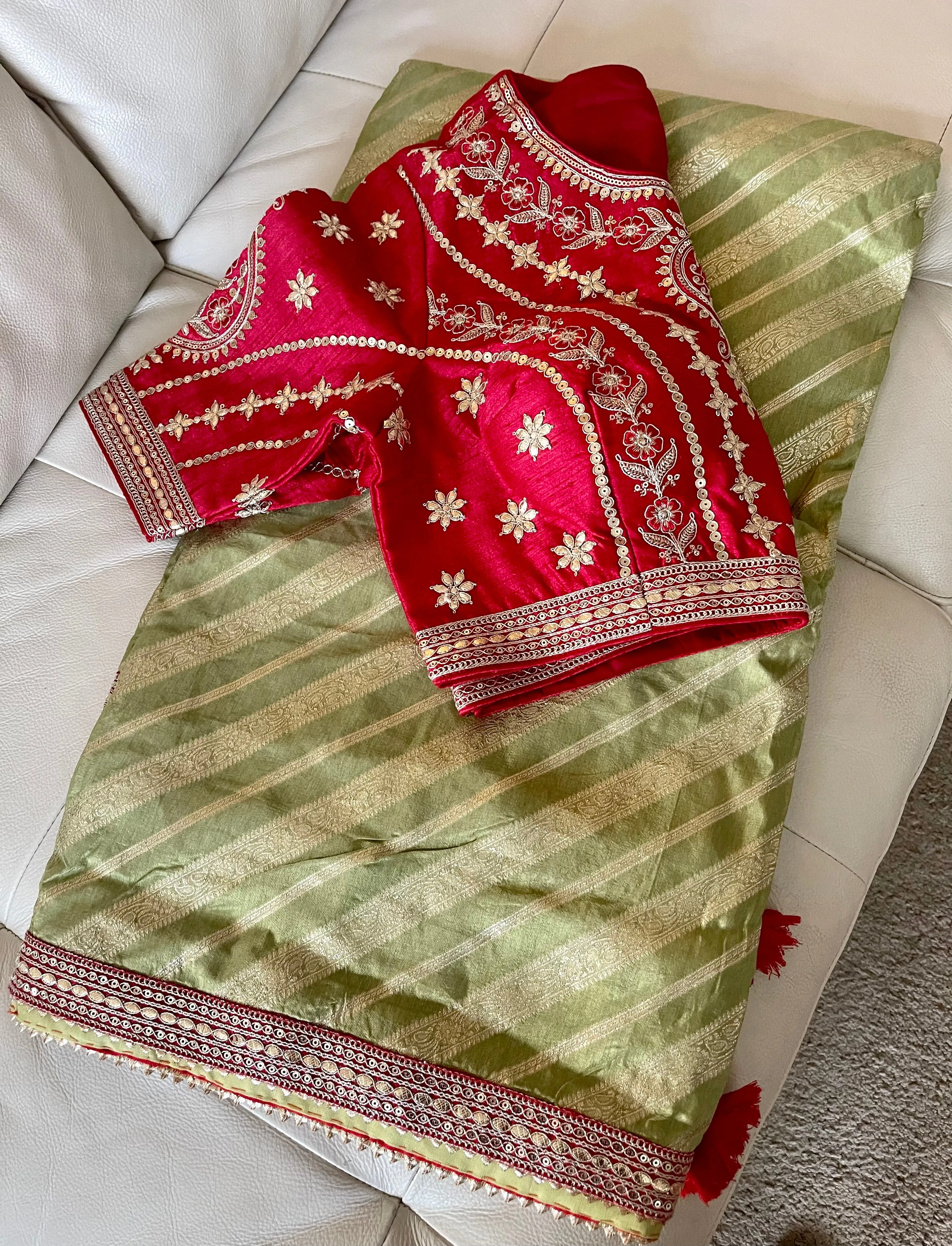 Mint Green Pistachio Muga Silk Saree with Red Readymade Blouse