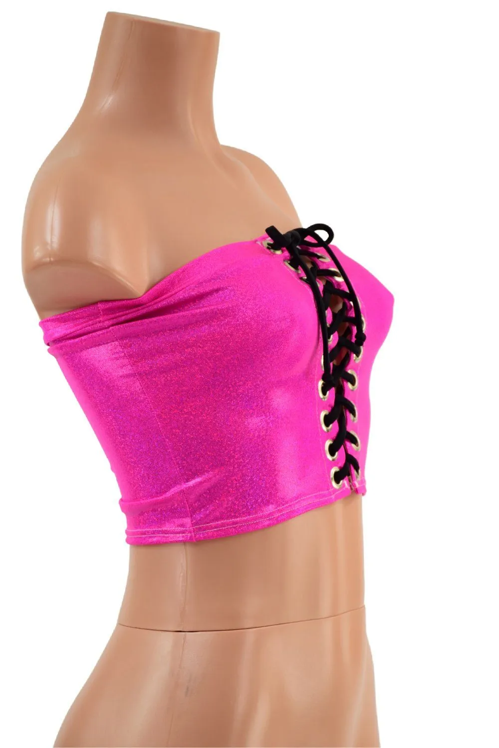 Neon Pink Holo Strapless Lace Up Crop with Black Ties
