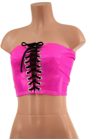Neon Pink Holo Strapless Lace Up Crop with Black Ties