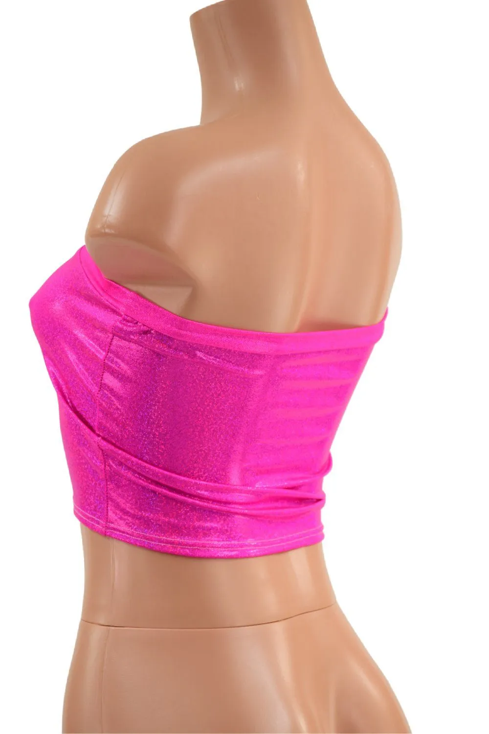 Neon Pink Holo Strapless Lace Up Crop with Black Ties