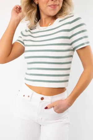 Next Up Green Striped Knit Crop Top