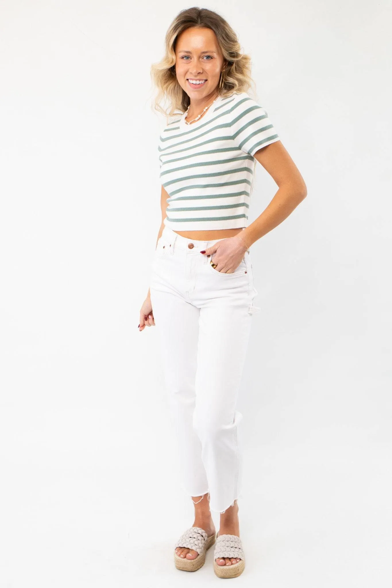 Next Up Green Striped Knit Crop Top