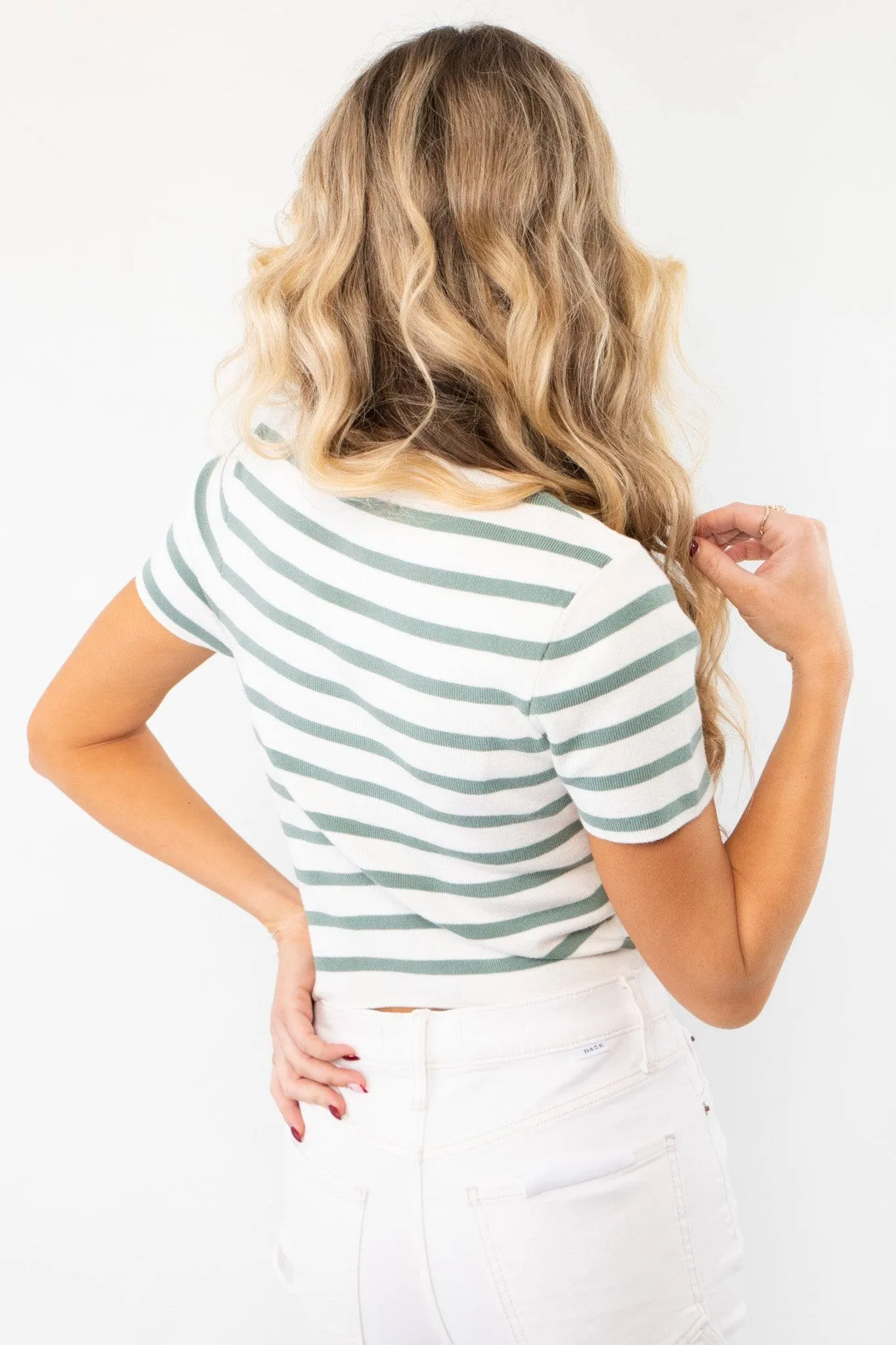 Next Up Green Striped Knit Crop Top
