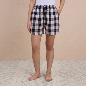 Nykd By Nykaa Essential Cotton Shorts With Pockets & Adjustable Waist Nys914 Black Pink Check
