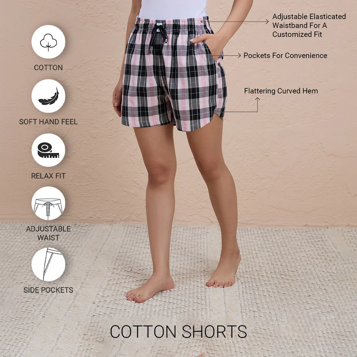 Nykd By Nykaa Essential Cotton Shorts With Pockets & Adjustable Waist Nys914 Black Pink Check