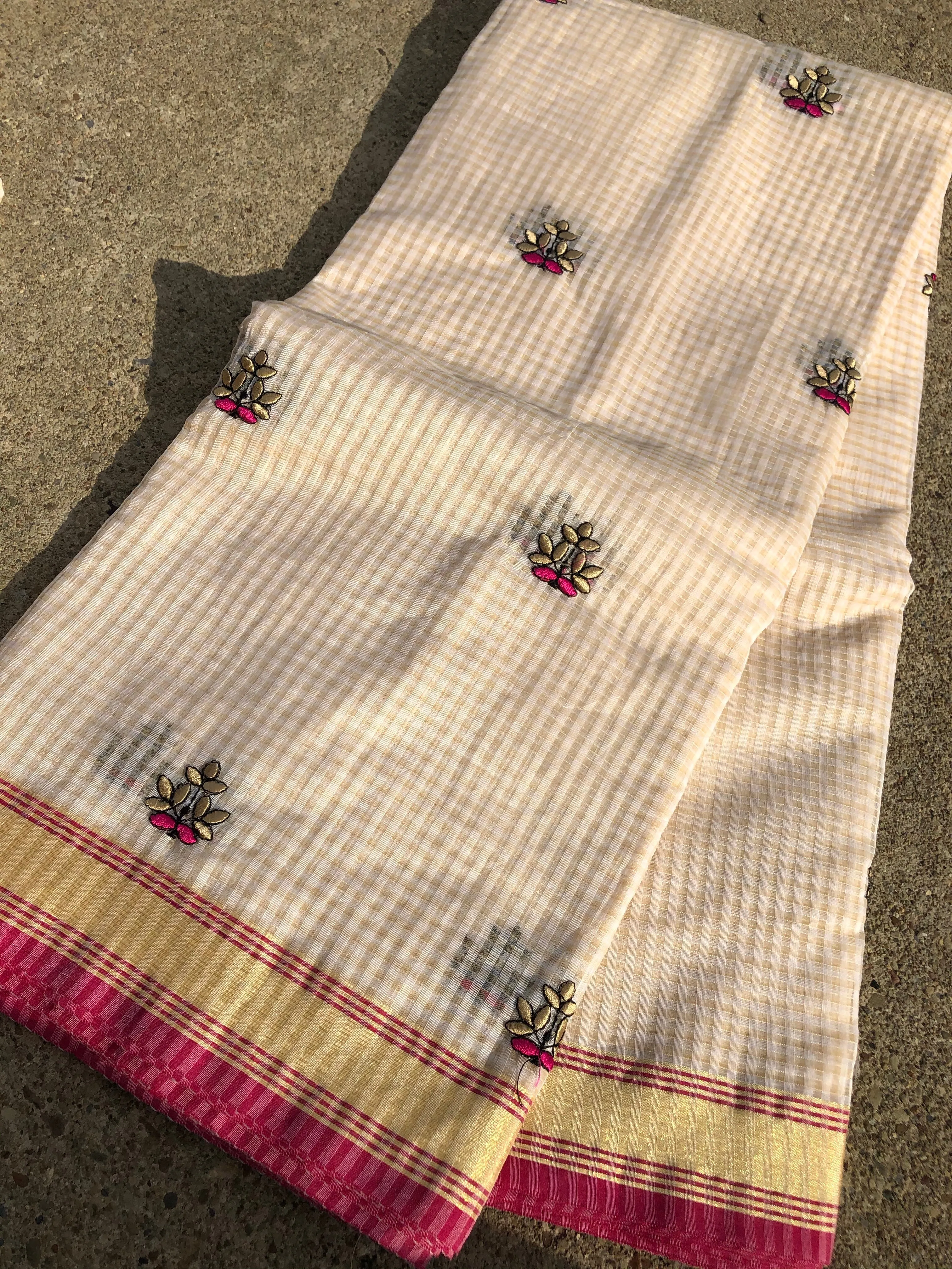 Off White Check Cotton Silk Embroidered Saree with Readymade Blouse