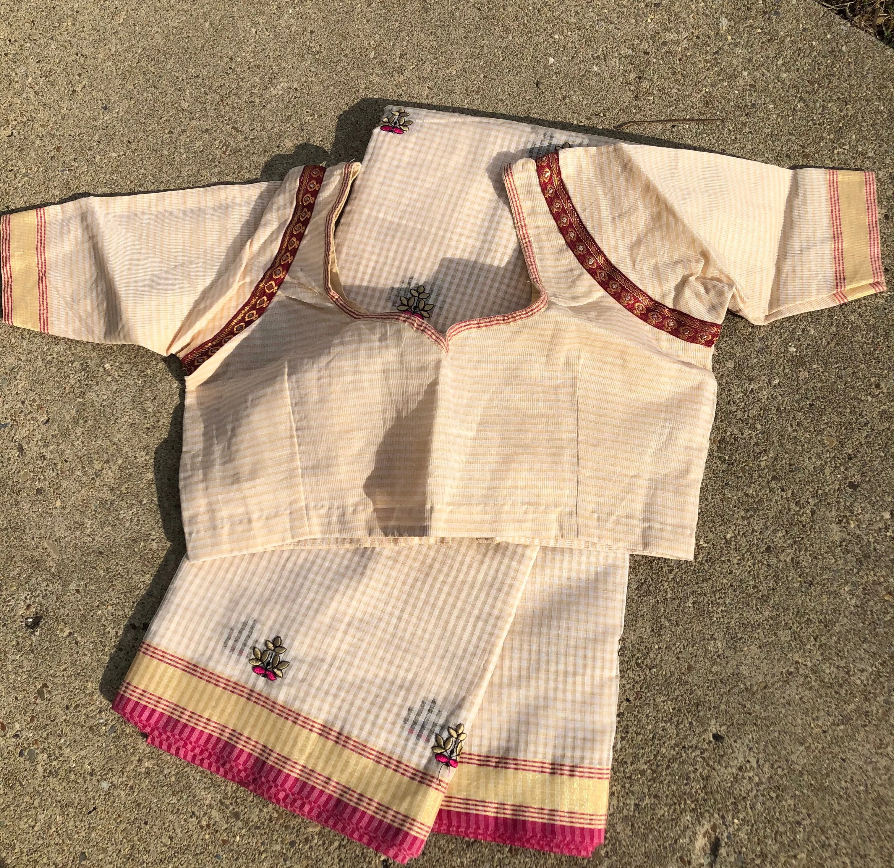 Off White Check Cotton Silk Embroidered Saree with Readymade Blouse