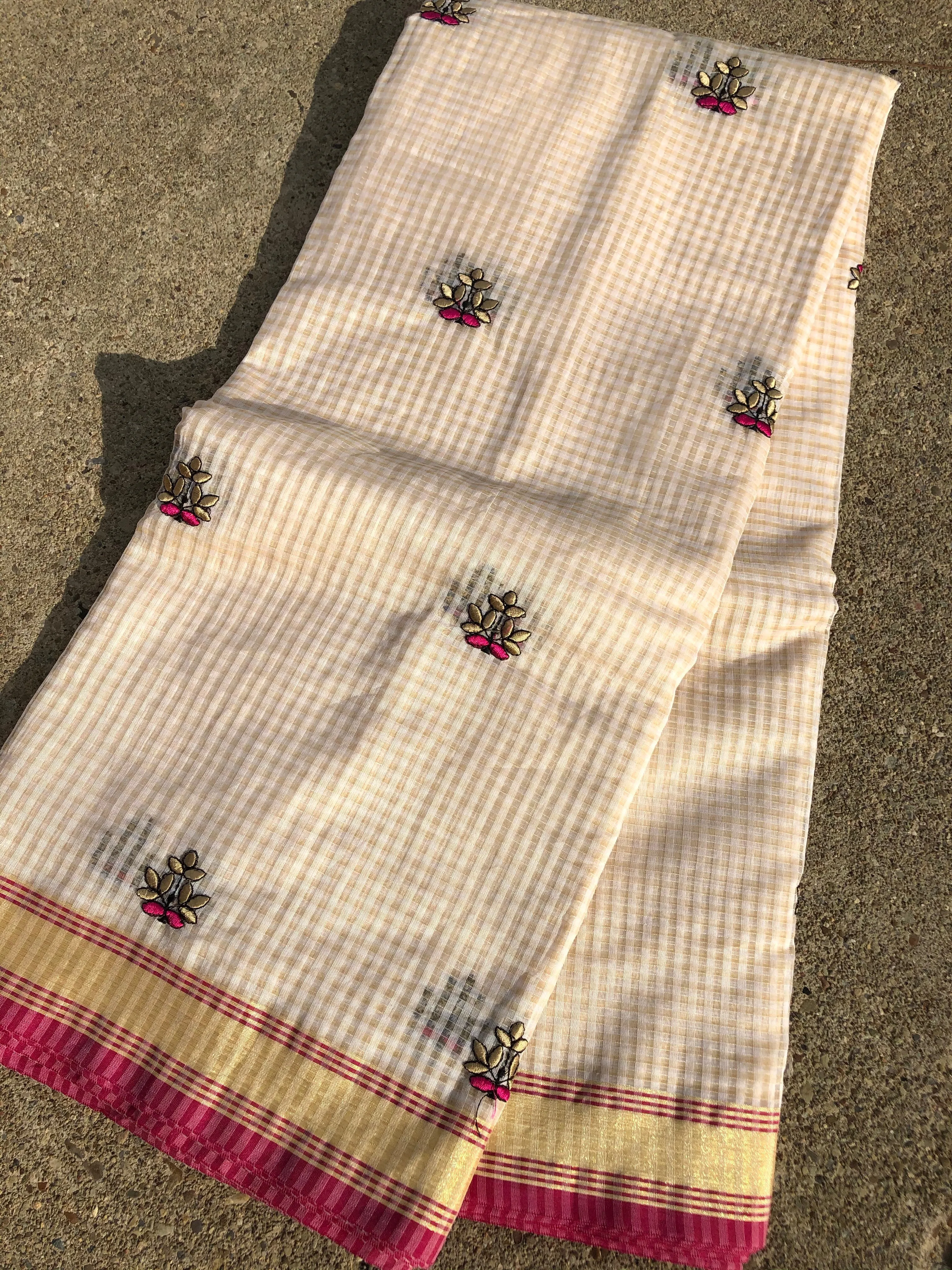 Off White Check Cotton Silk Embroidered Saree with Readymade Blouse