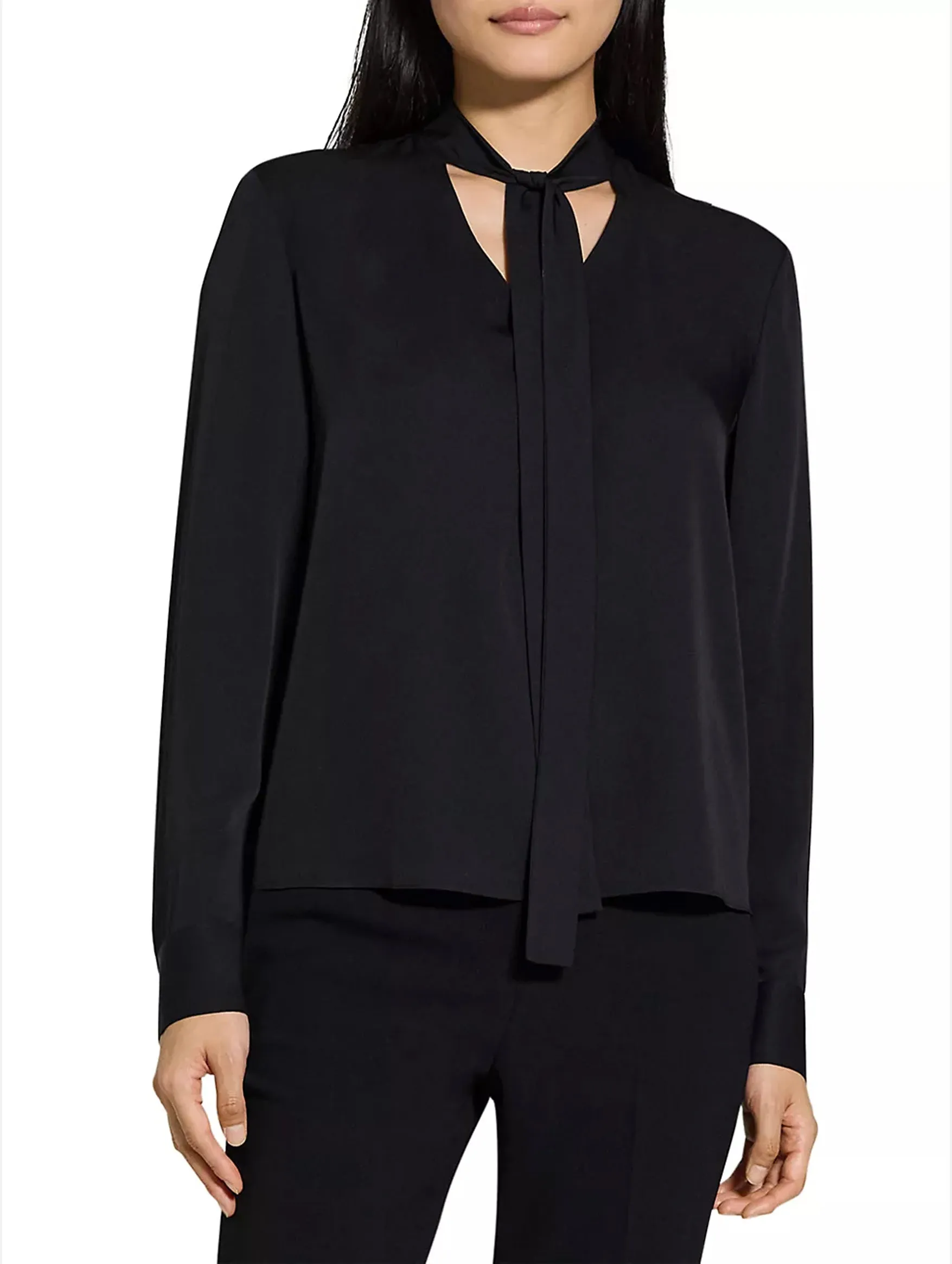 Open Tie Neck Silk  Blouse in Black