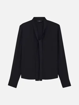 Open Tie Neck Silk  Blouse in Black
