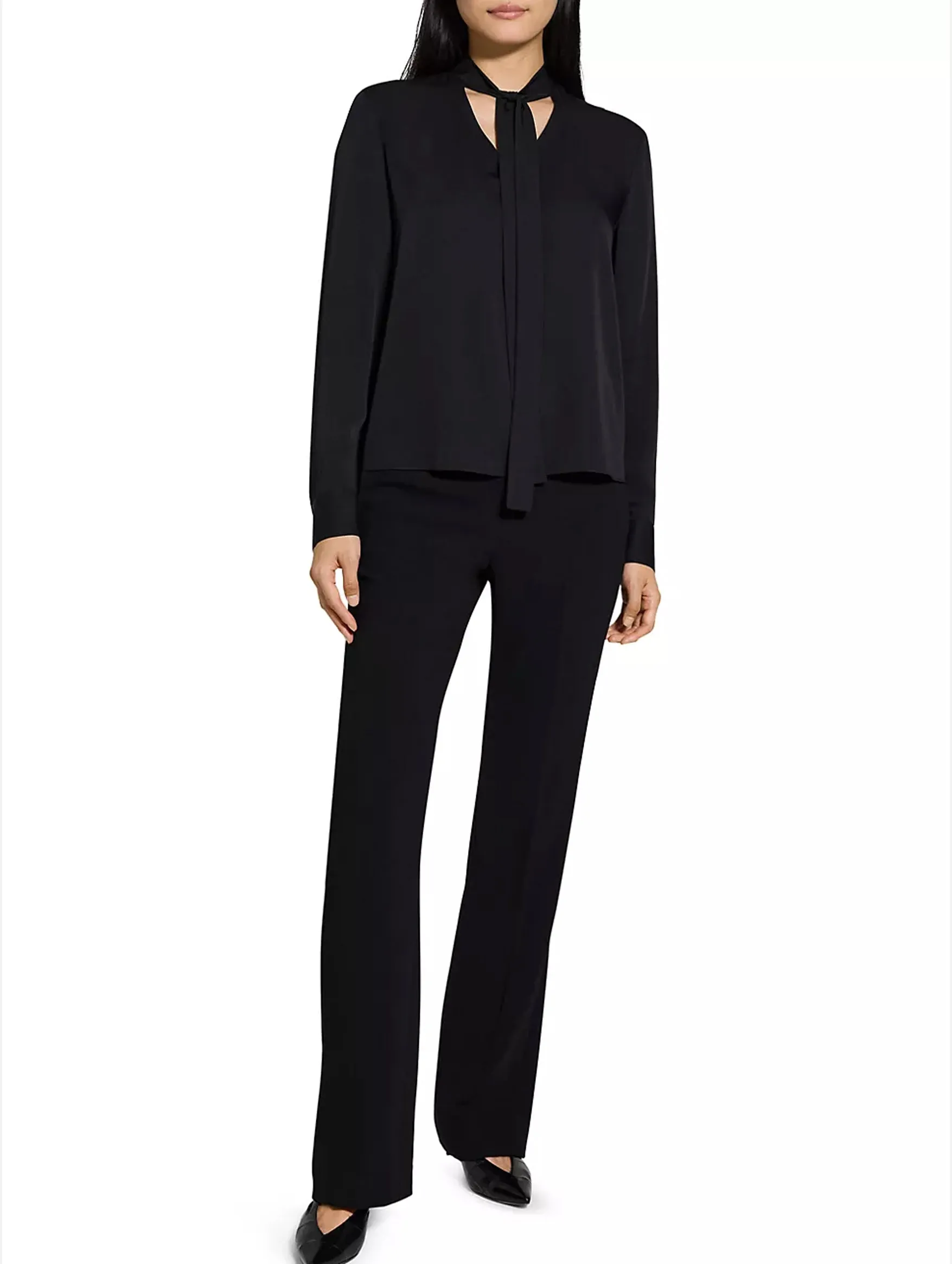 Open Tie Neck Silk  Blouse in Black