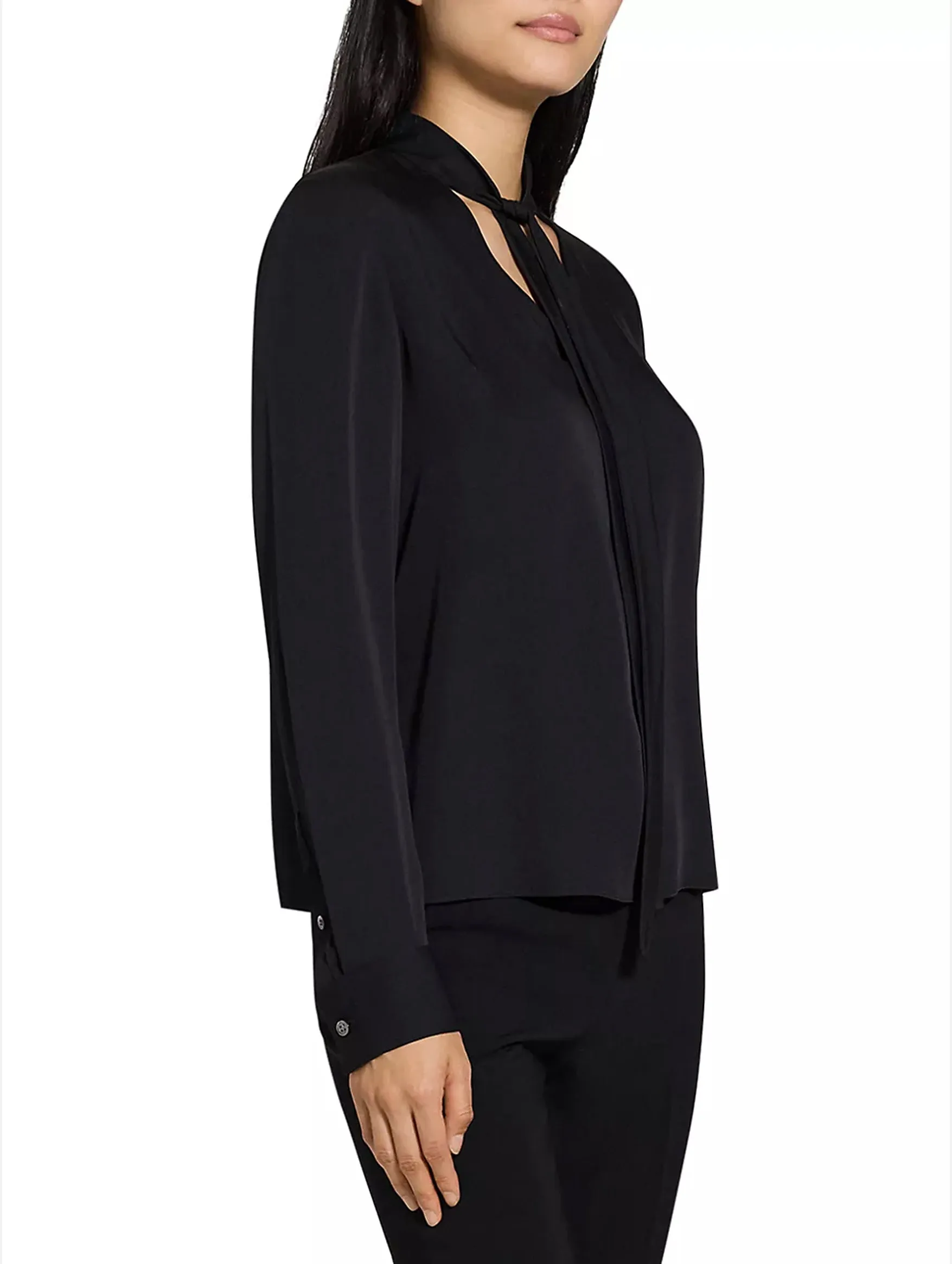 Open Tie Neck Silk  Blouse in Black
