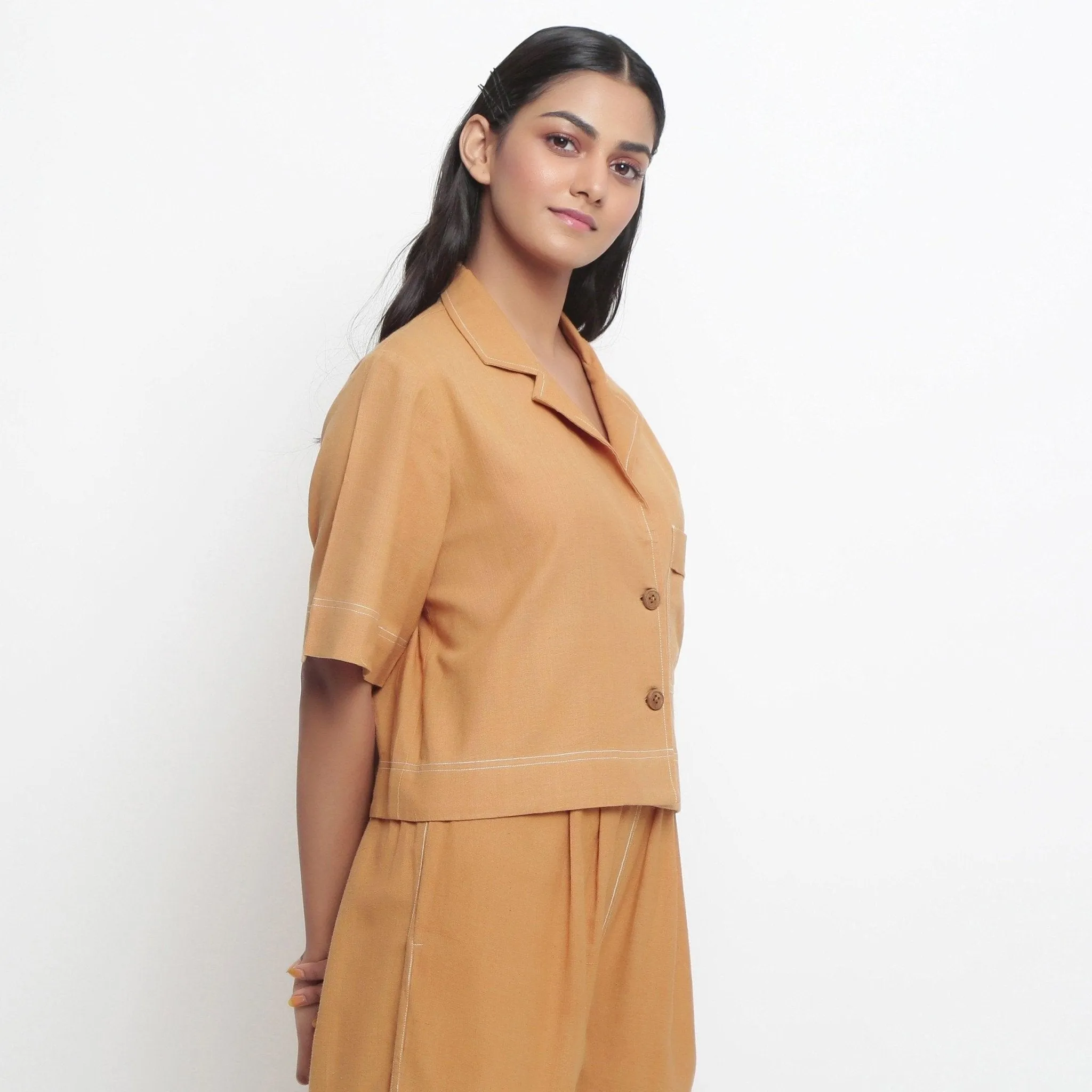 Orange Handspun Cotton Button-Down Cropped Shirt